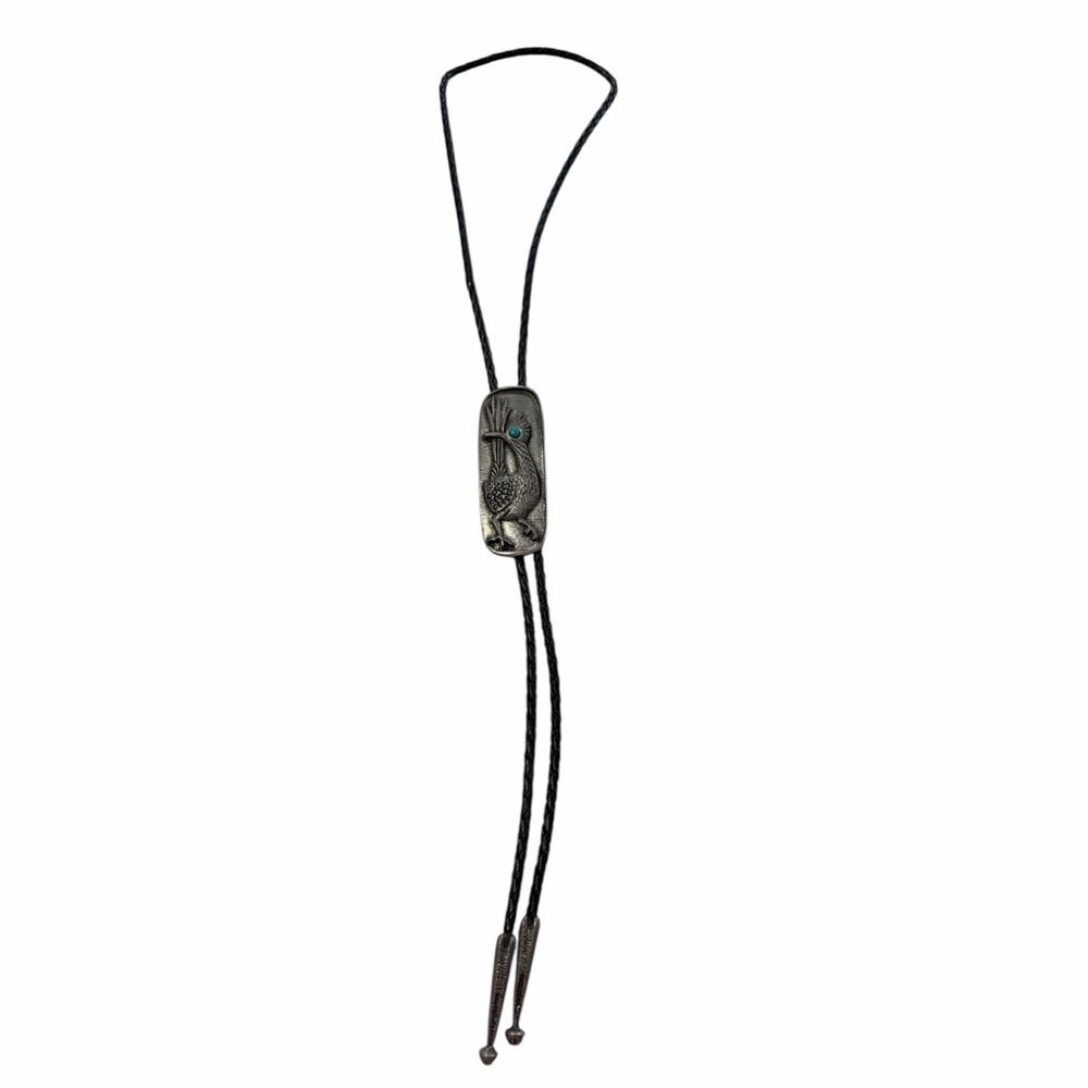 Vintage J. Ritter Pewter Roadrunner Bolo Tie | Signed Southwestern Turquoise Eye